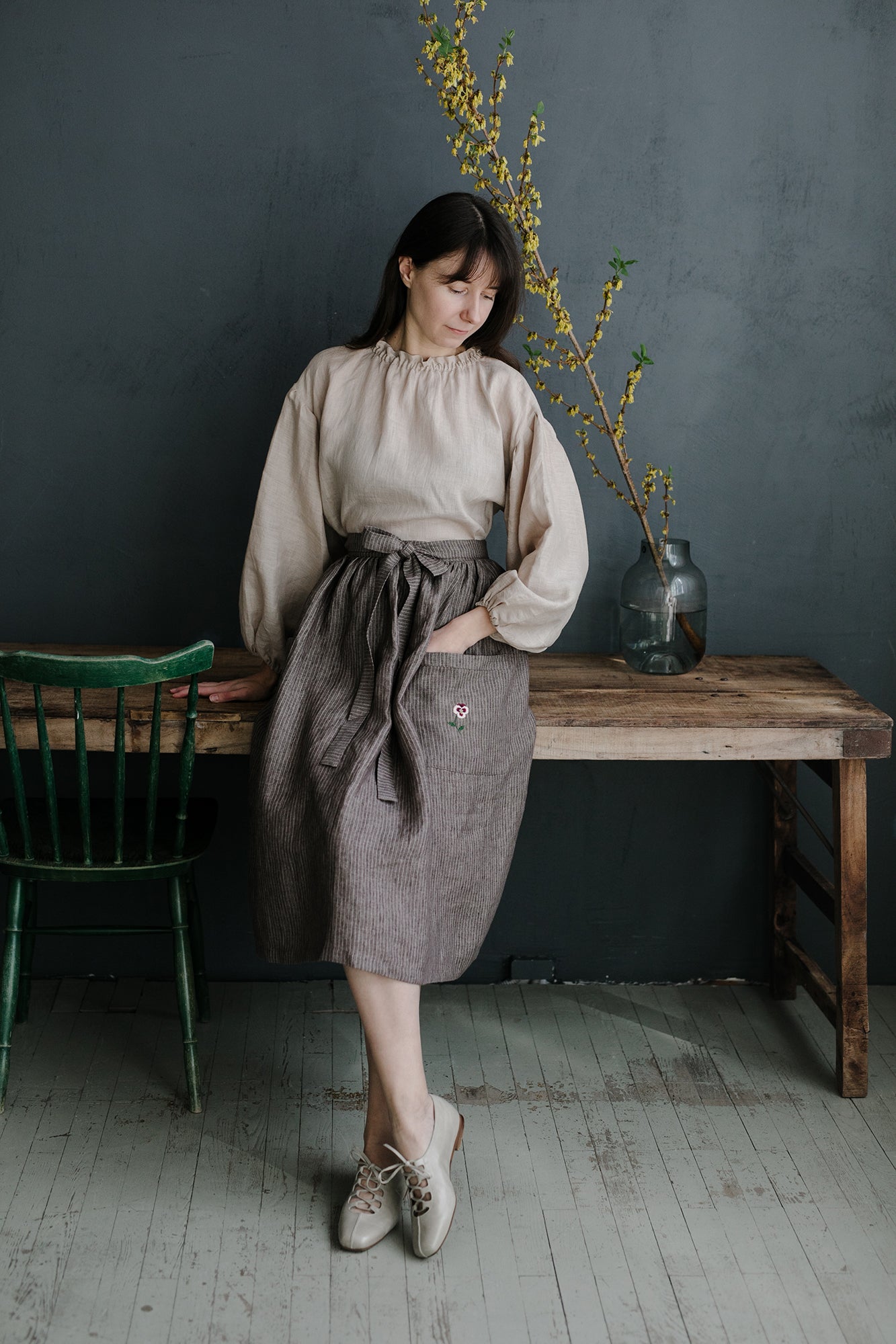 Brown Stripe Linen Apron Skirt