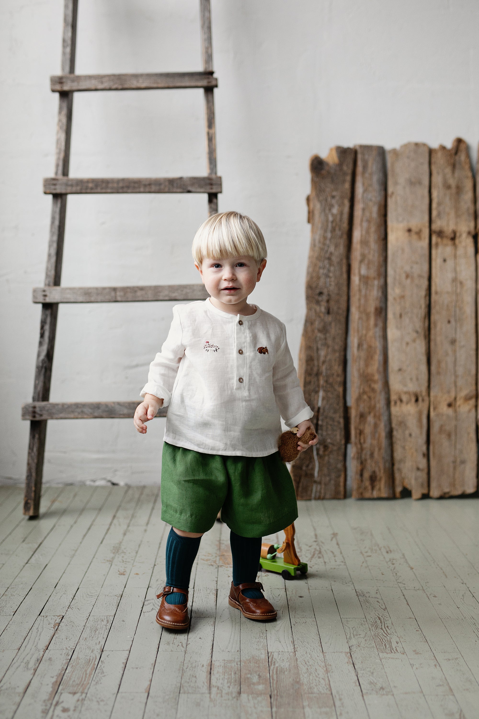 White Long Sleeve Button Linen Shirt, Size 1-2 years, Hedgehog &amp; Sleeping fawn embroidery