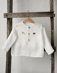 White Long Sleeve Button Linen Shirt, Size 1-2 years, Hedgehog & Sleeping fawn embroidery