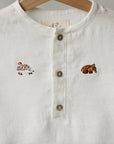 White Long Sleeve Button Linen Shirt, Size 1-2 years, Hedgehog & Sleeping fawn embroidery