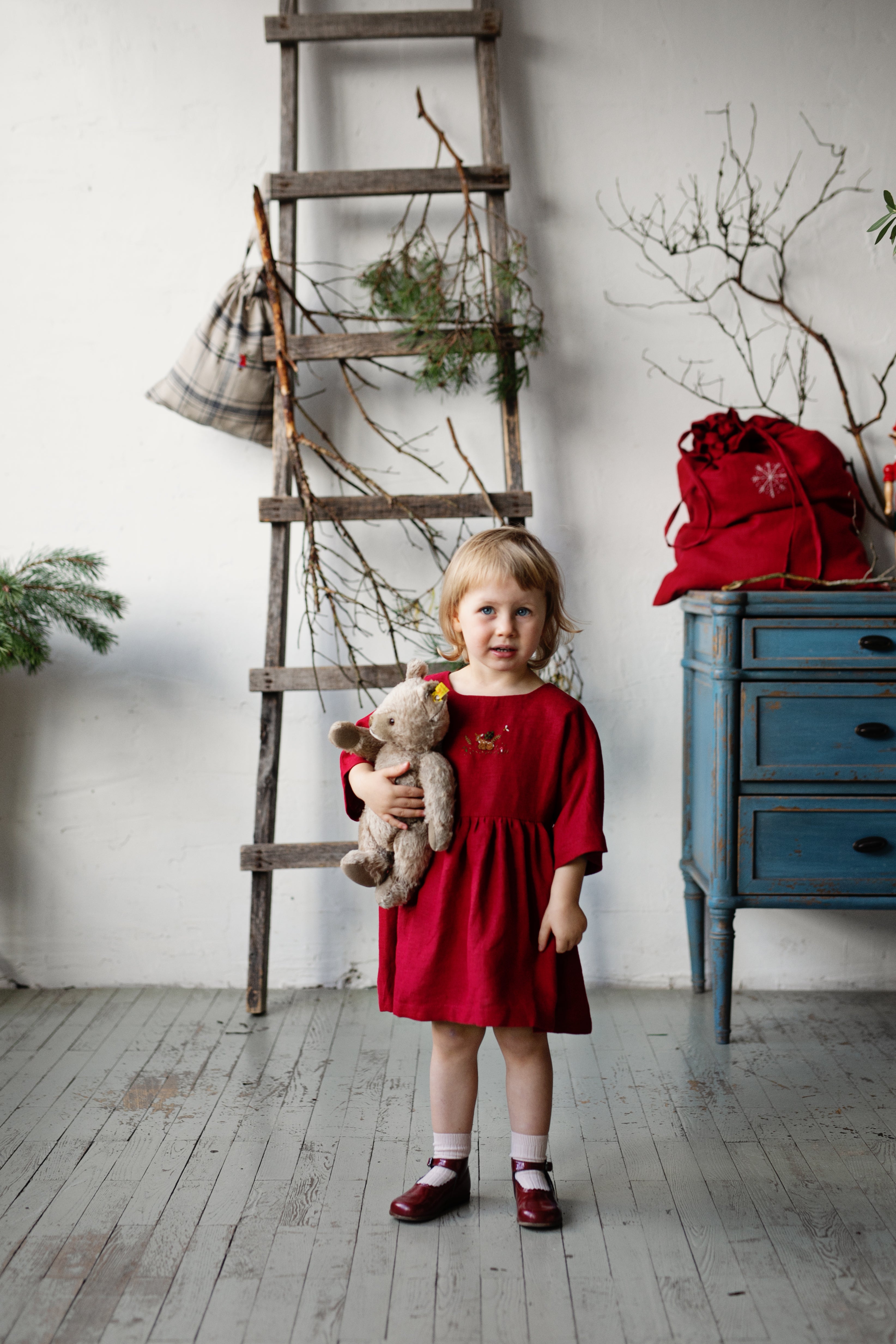 Cherry Tea Linen Dress, Size 1-2 years, Fawn in the Meadow embroidery