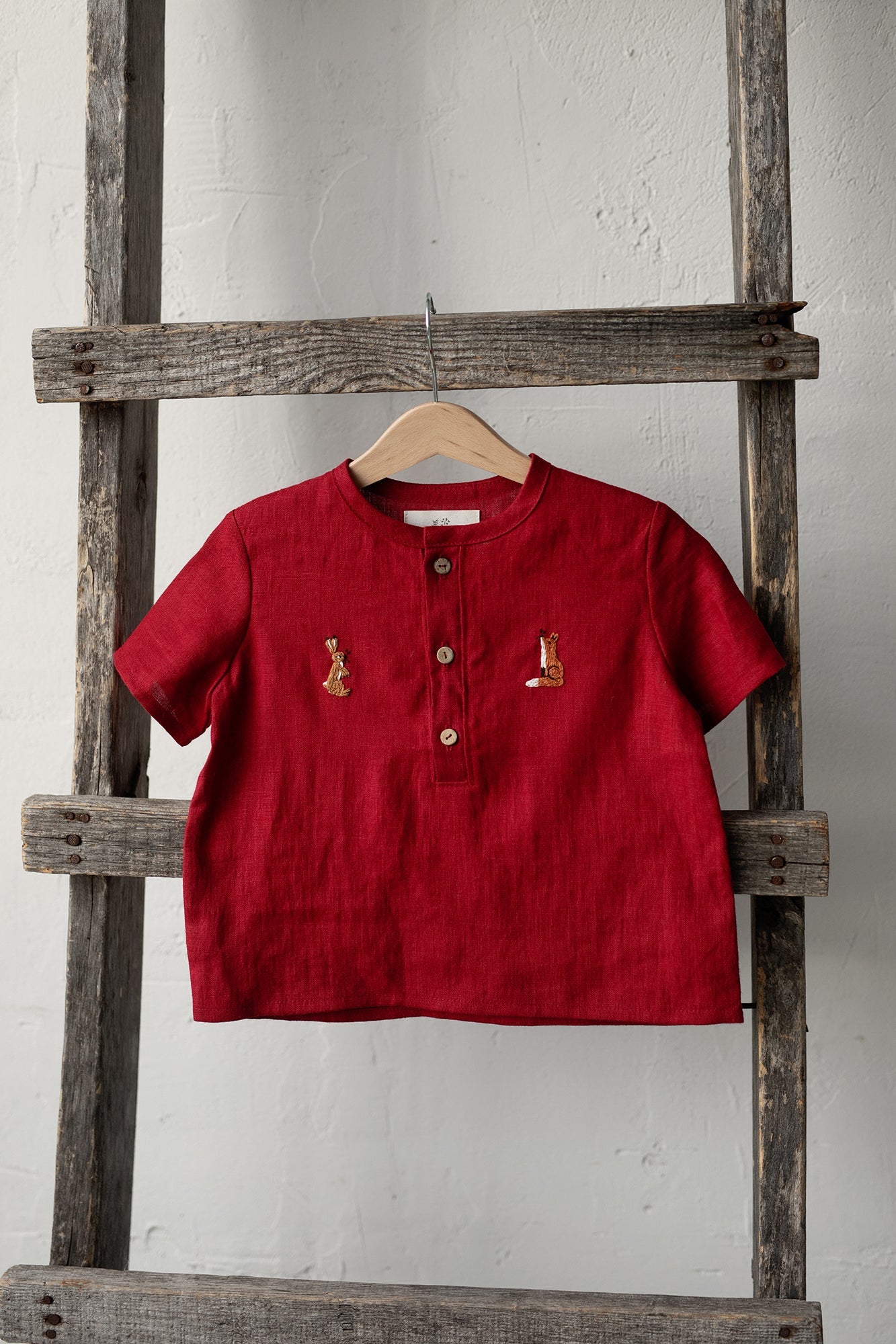 Cherry Short Sleeve Button Linen Shirt, Size 4-5 years