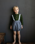 Dusty Blue & Sky Blue Autumn Linen Shorts with Suspenders, Size 4-5 years, Dalmatian embroidery