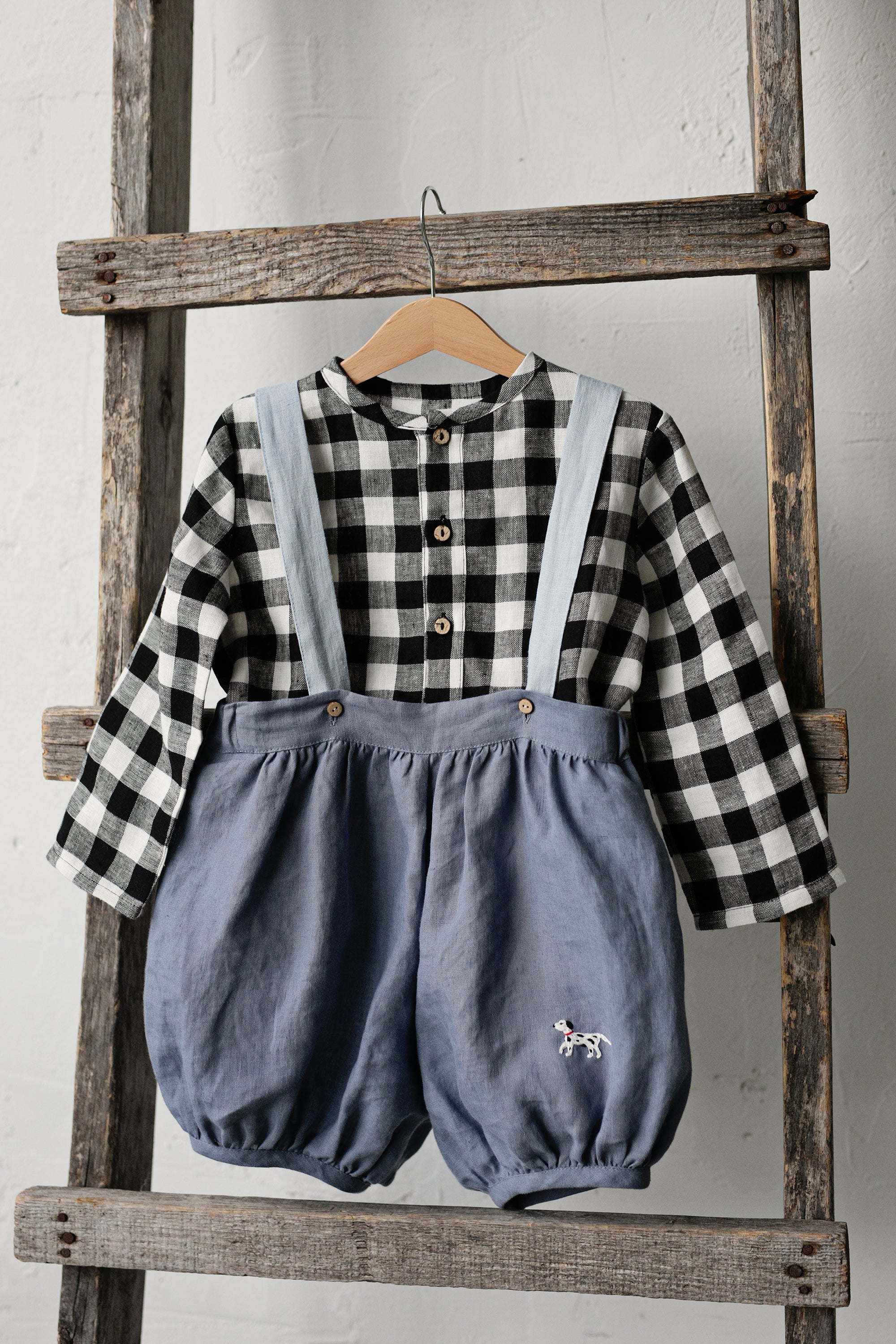 Dusty Blue &amp; Sky Blue Autumn Linen Shorts with Suspenders, Size 4-5 years, Dalmatian embroidery