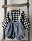Dusty Blue & Sky Blue Autumn Linen Shorts with Suspenders, Size 4-5 years, Dalmatian embroidery