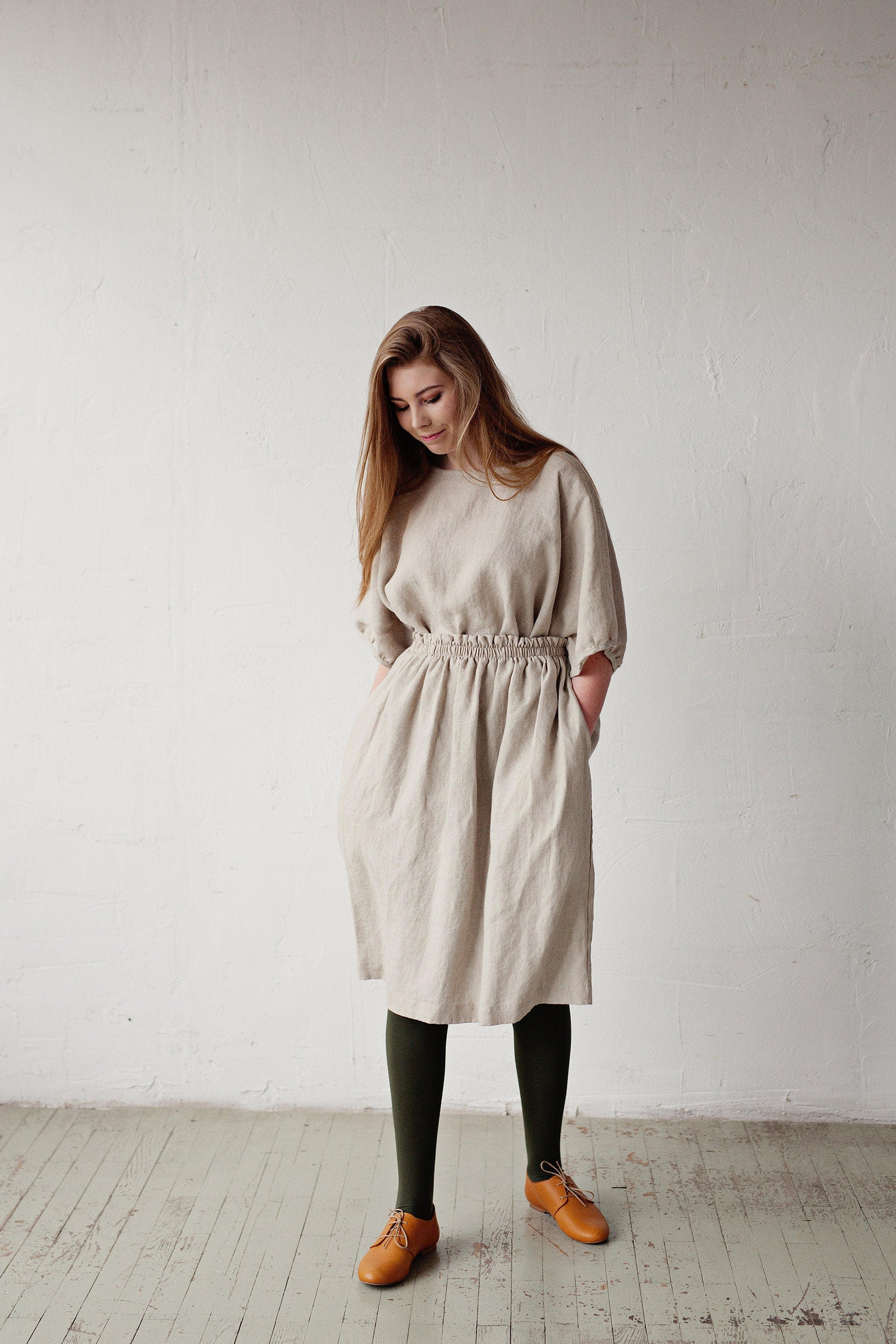 Natural Classic Midi Linen Skirt, Size S (STOCK)