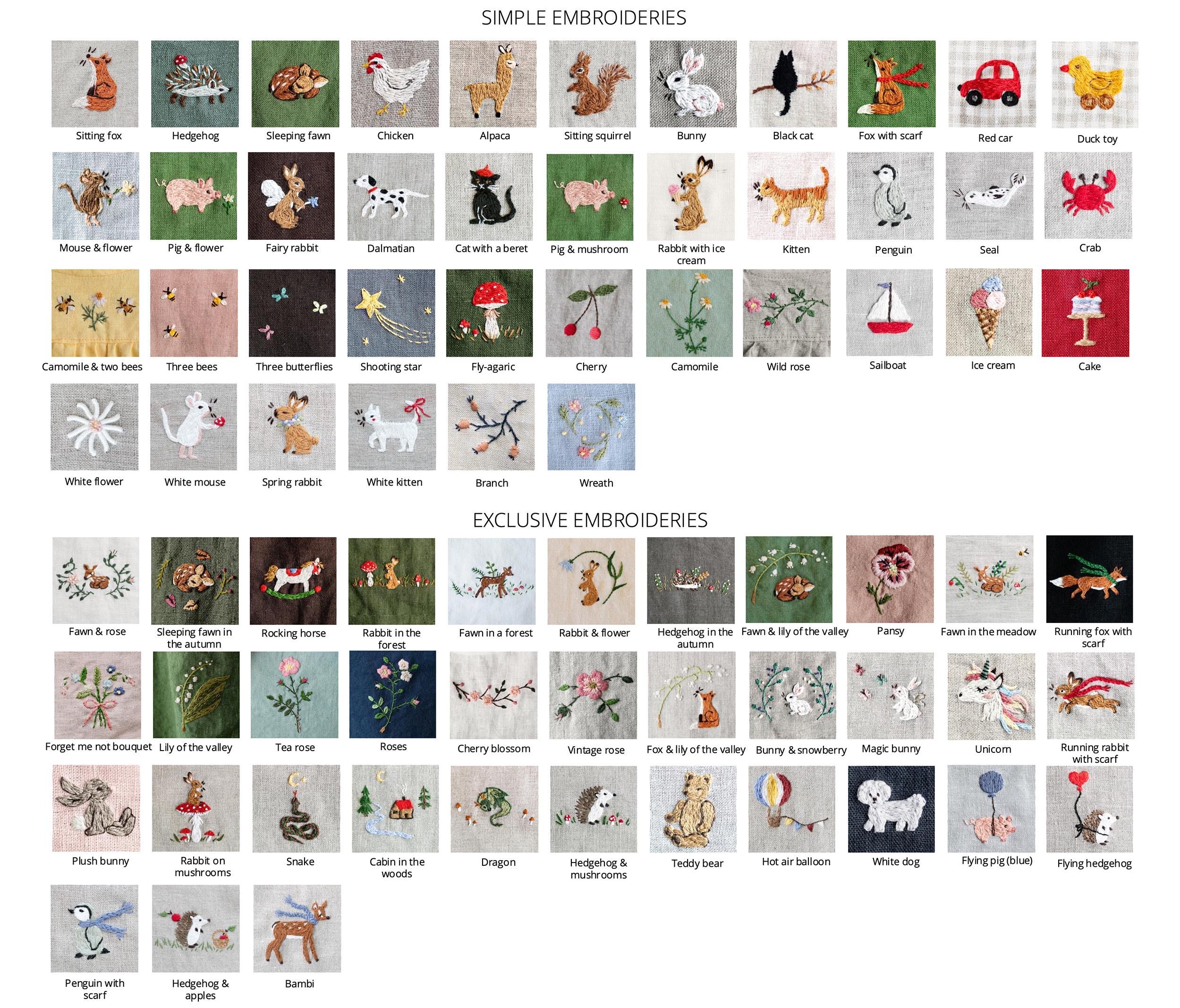 a collection of embroidery designs, including various animals, plants, and objects, as well as some exclusive embroidery designs. The images are organized into two sections: simple embroideries and exclusive embroideries.