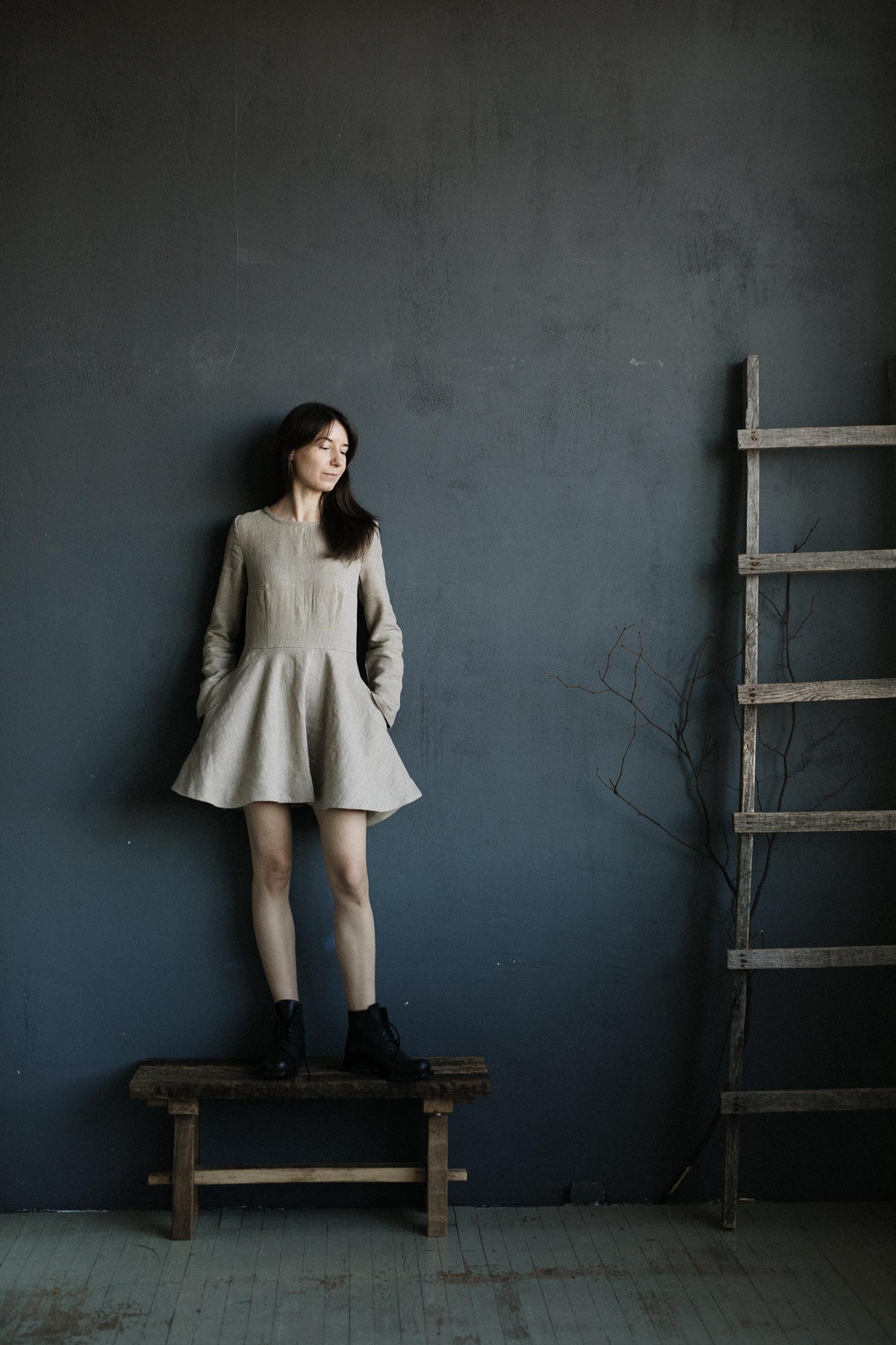 Natural Short Fitted Linen Dress