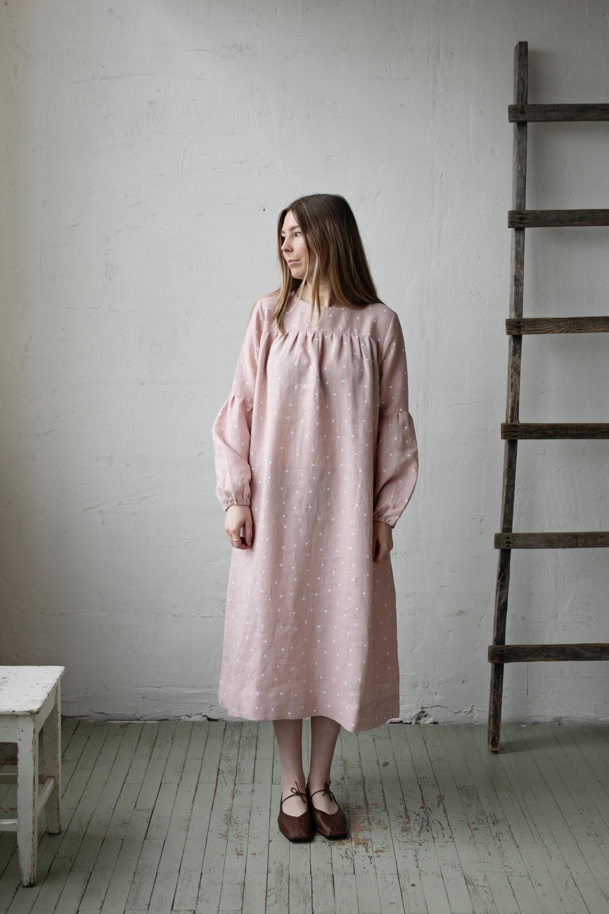 Pink Polka Dot Victorian Linen Dress, Size M (STOCK)