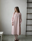Pink Polka Dot Victorian Linen Dress, Size M (STOCK)