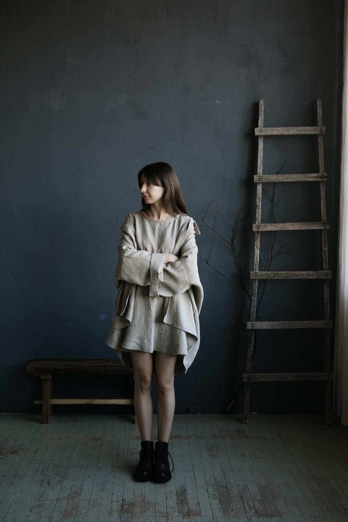 Natural Short Fitted Linen Dress
