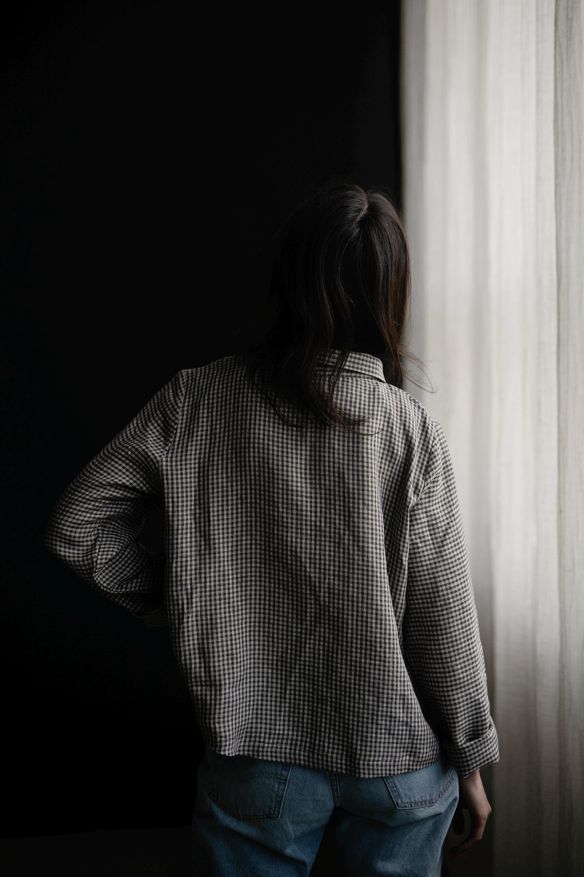 Grey gingham Peter Pan Collar Linen Jacket