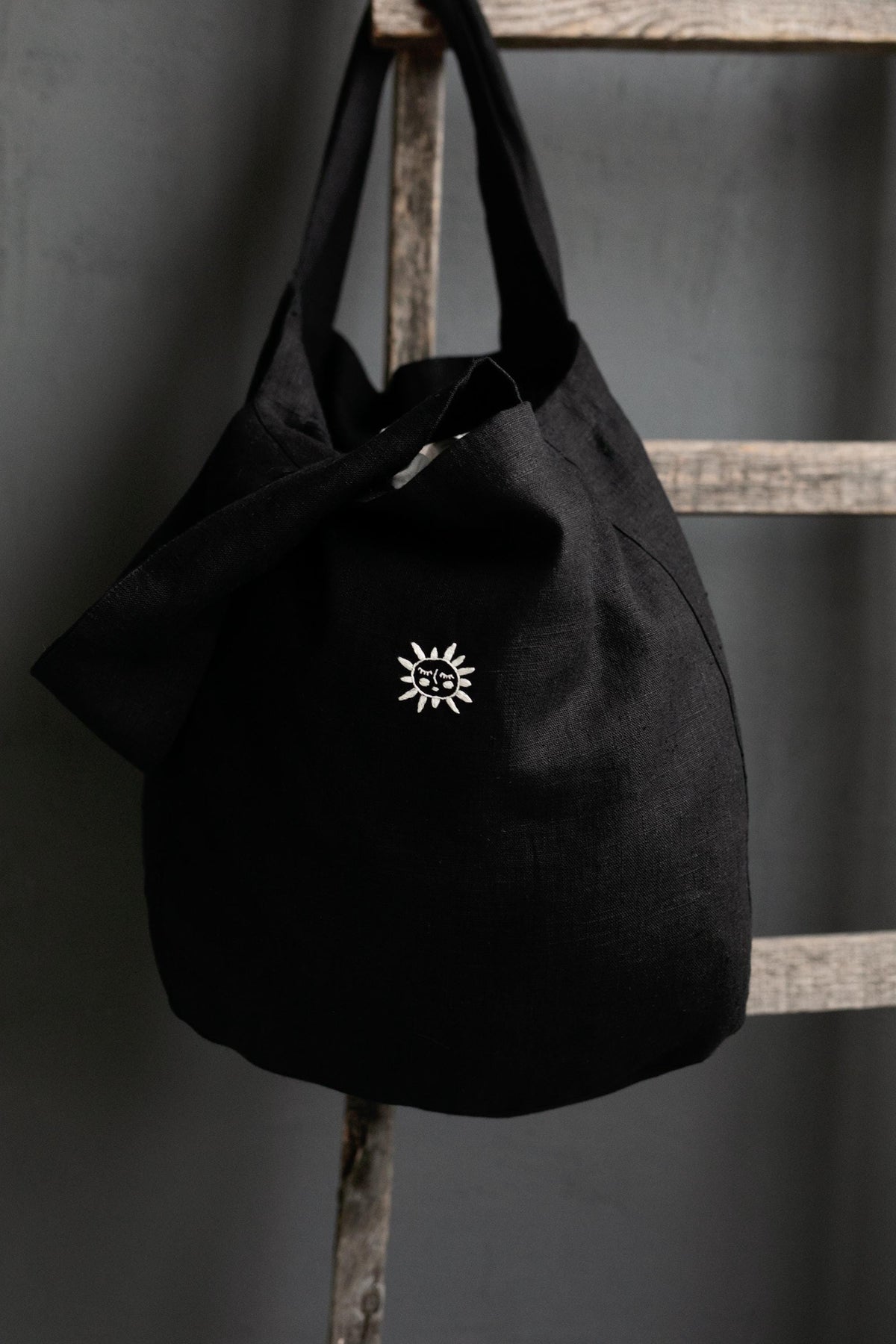 Black Large Linen Round Bag