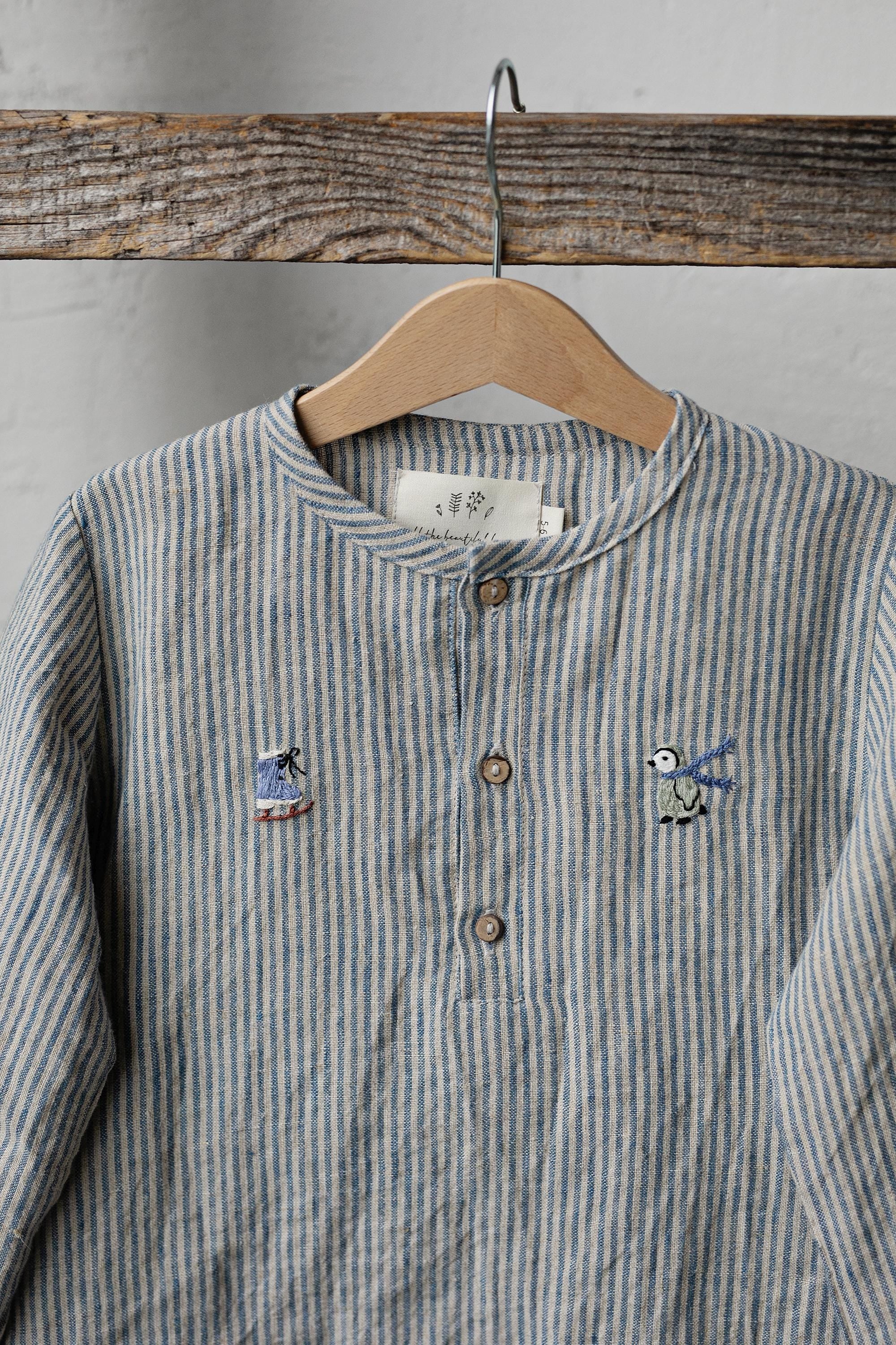 Steel Stripe Long Sleeve Button Linen Shirt