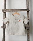 Natural Short Sleeve Button Linen Shirt, 3-4 years, Bambi embroidery (STOCK)