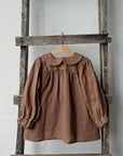 Caramel Linen Tunic Dress, 4-5 years, Two white flowers embroidery (STOCK)