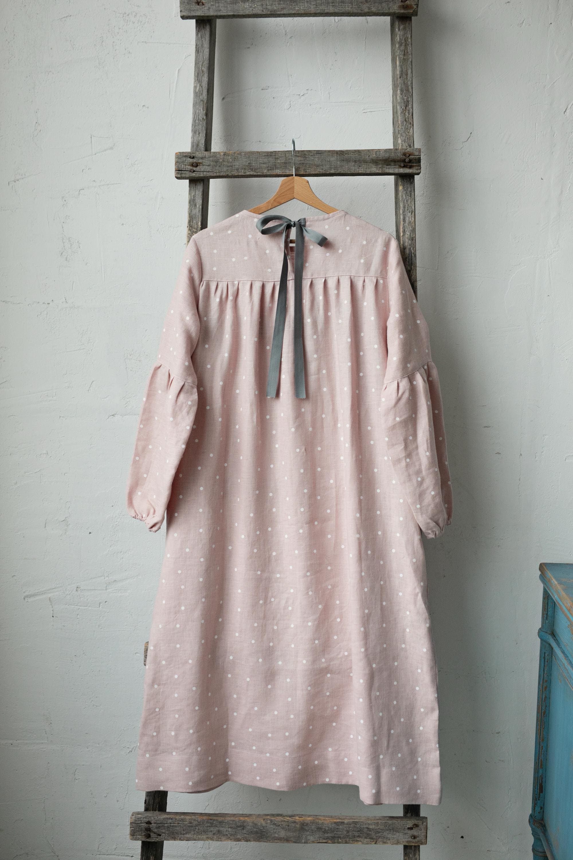 Pink Polka Dot Victorian Linen Dress, Size M (STOCK)
