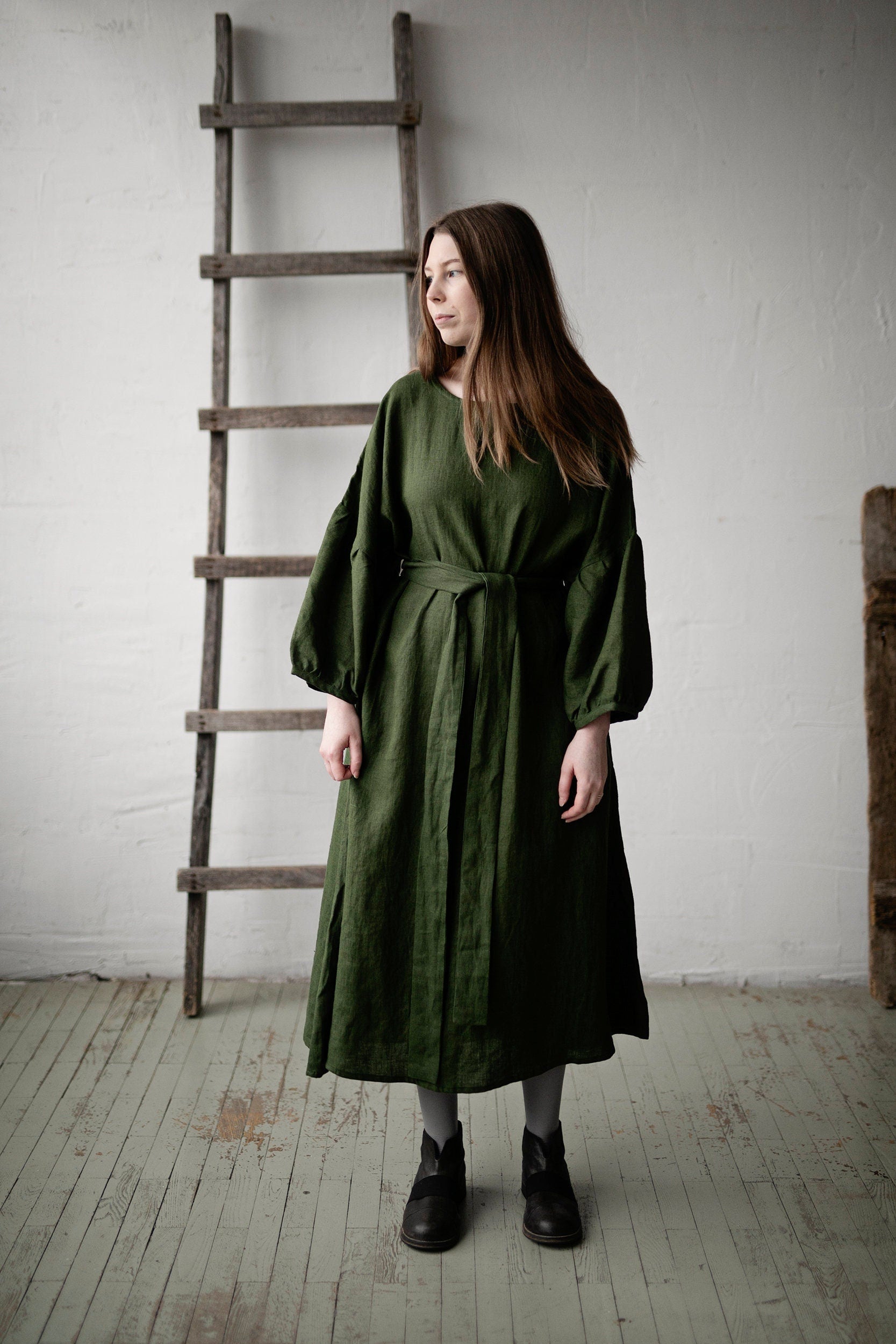 Forest Green Kimono Linen Dress (STOCK)