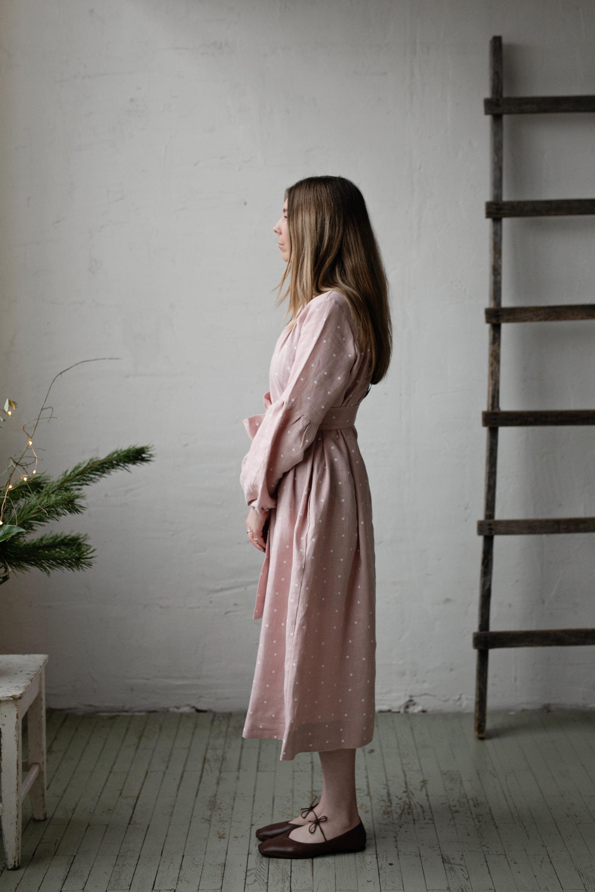 Pink Polka Dot Victorian Linen Dress, Size M (STOCK)