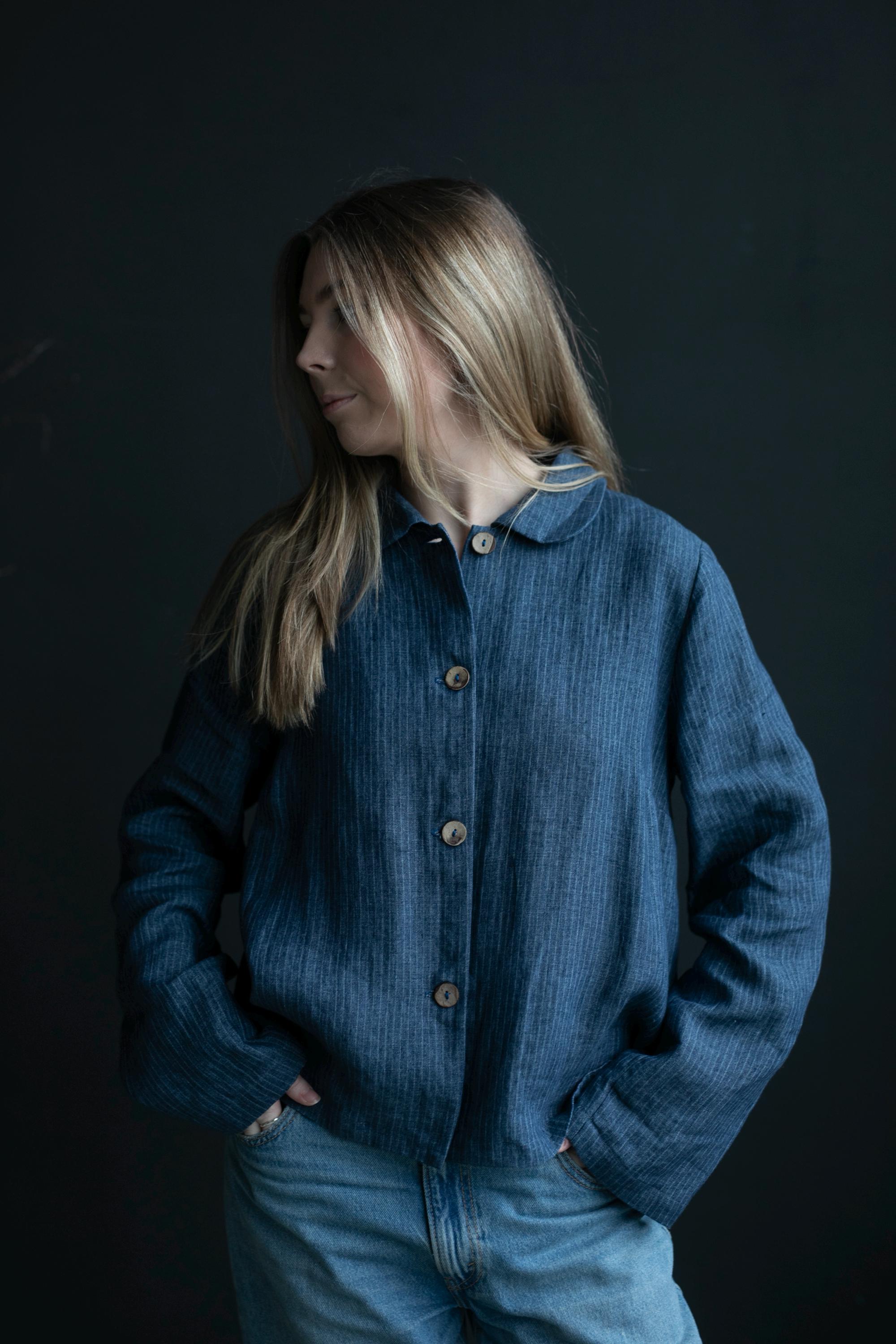 Blue Stripe Festive Peter Pan Collar Linen Jacket