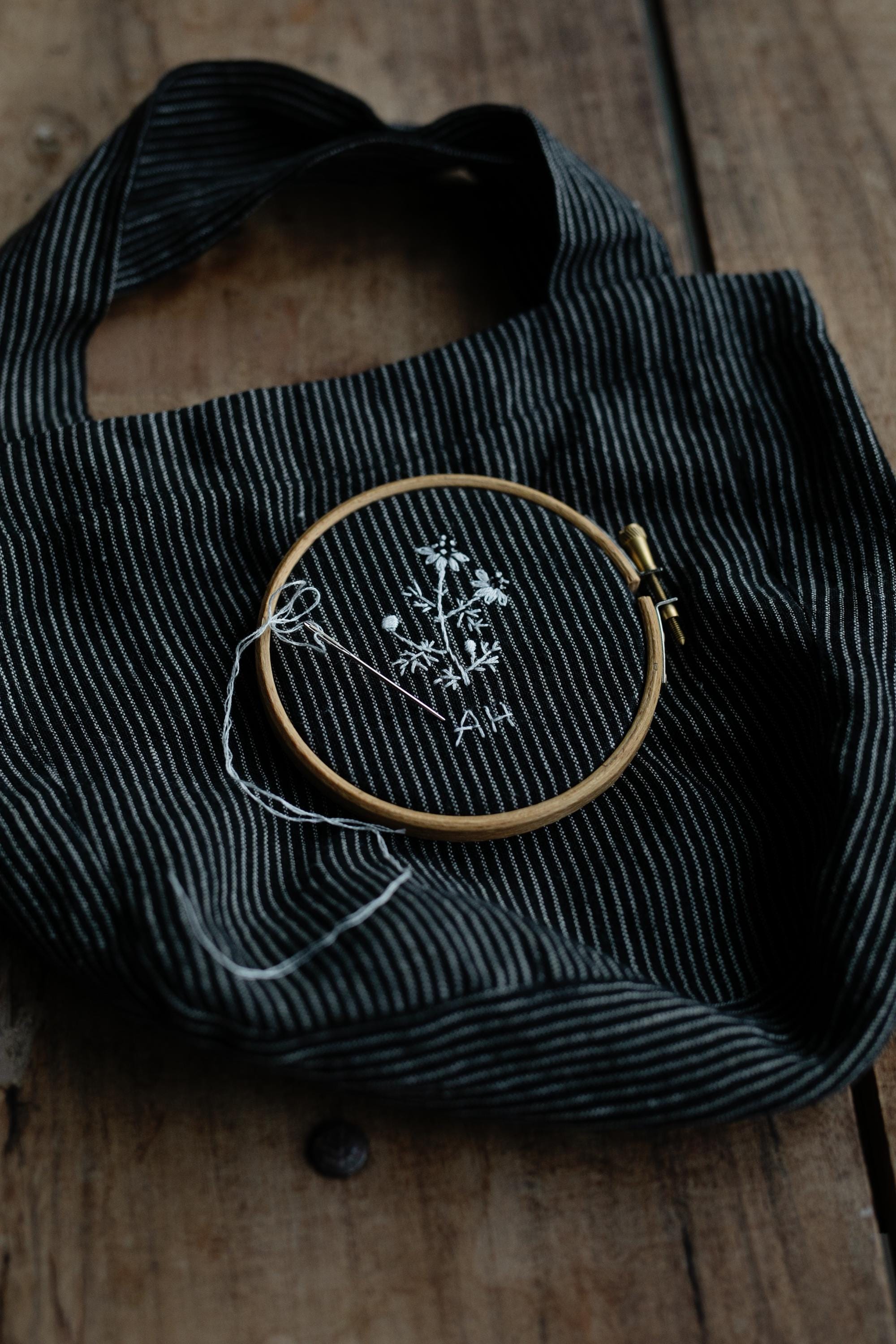 Midnight Stripe Mini Round Linen Bag