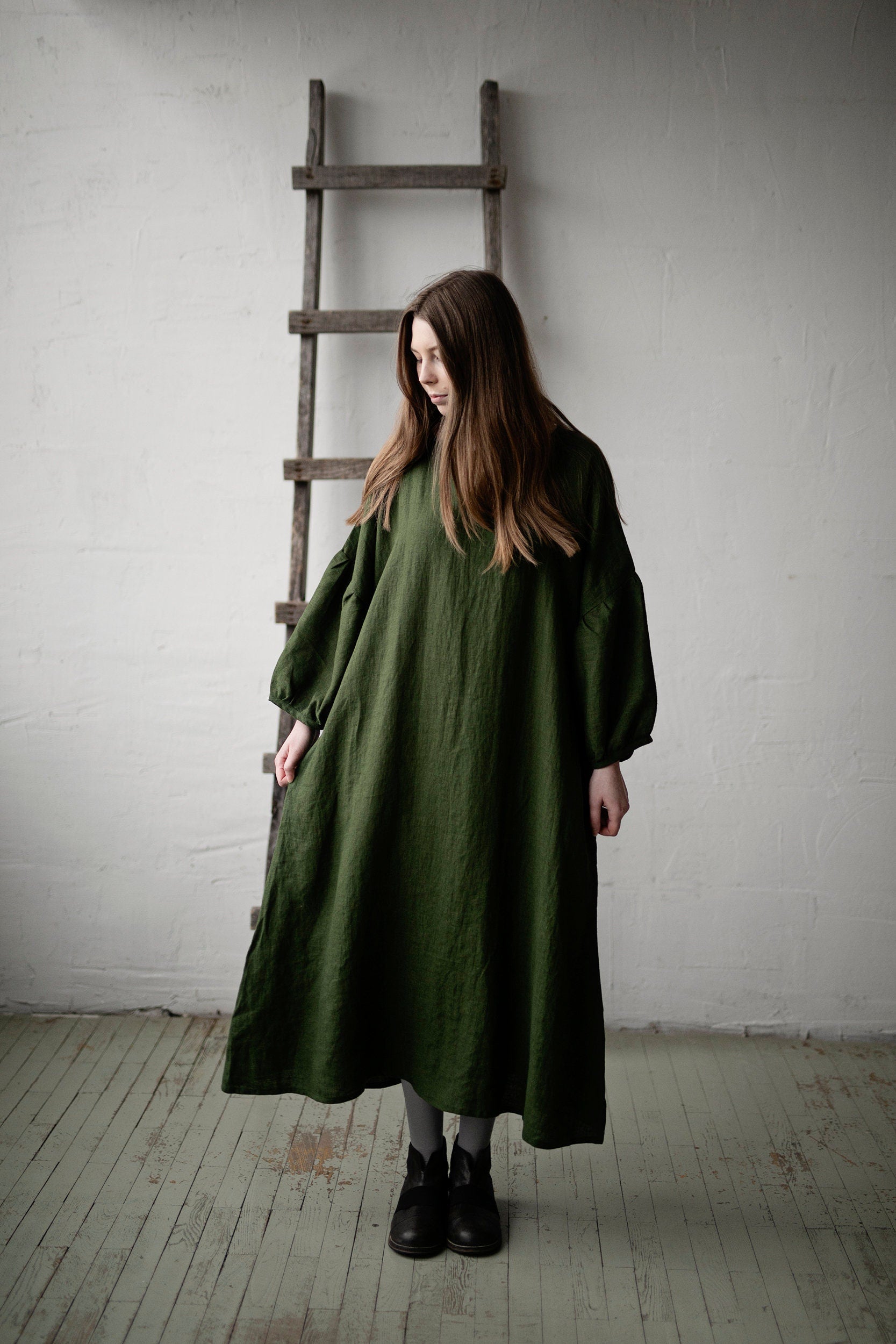 Forest Green Kimono Linen Dress (STOCK)