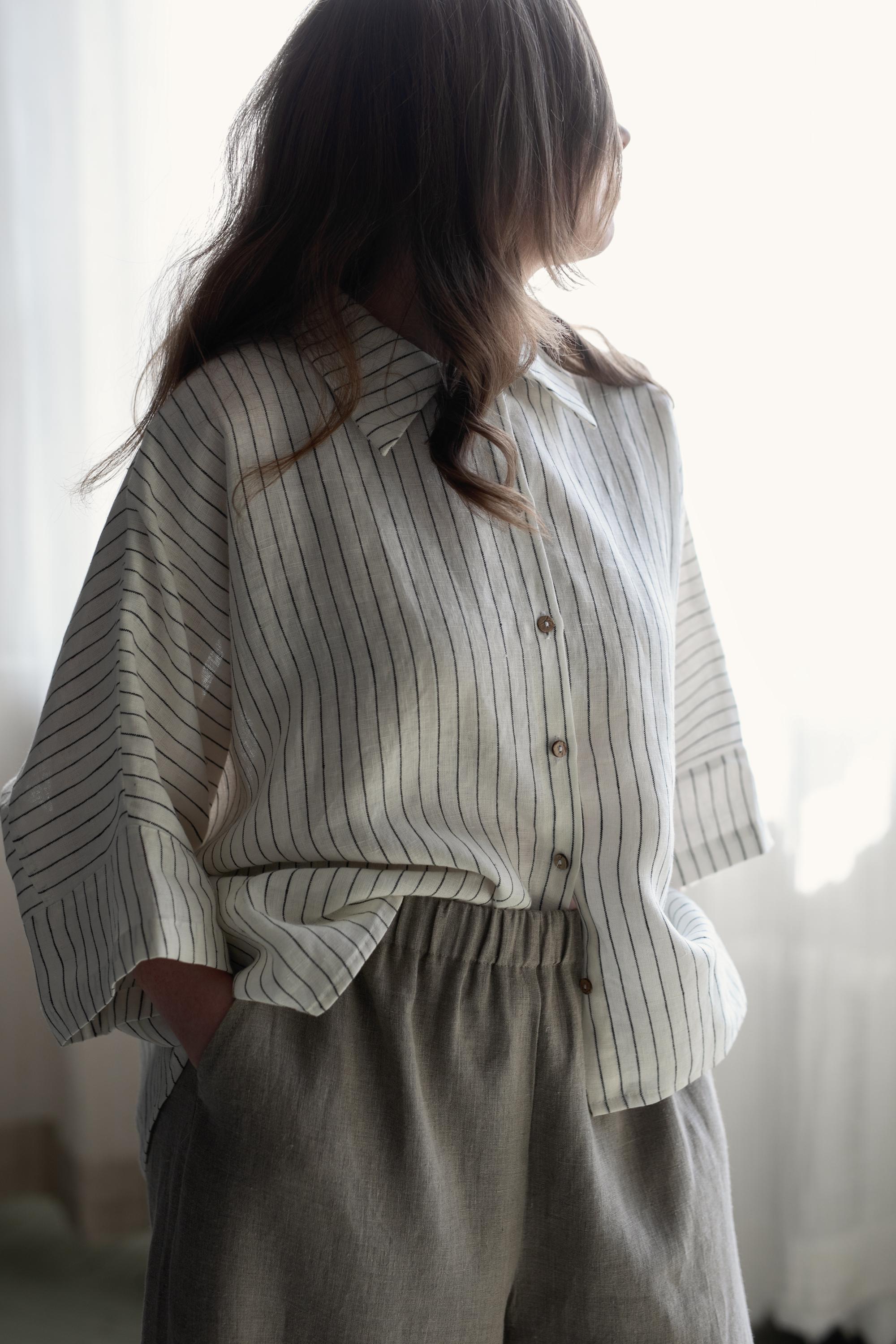 White Stripe 3/4 Linen Shirt