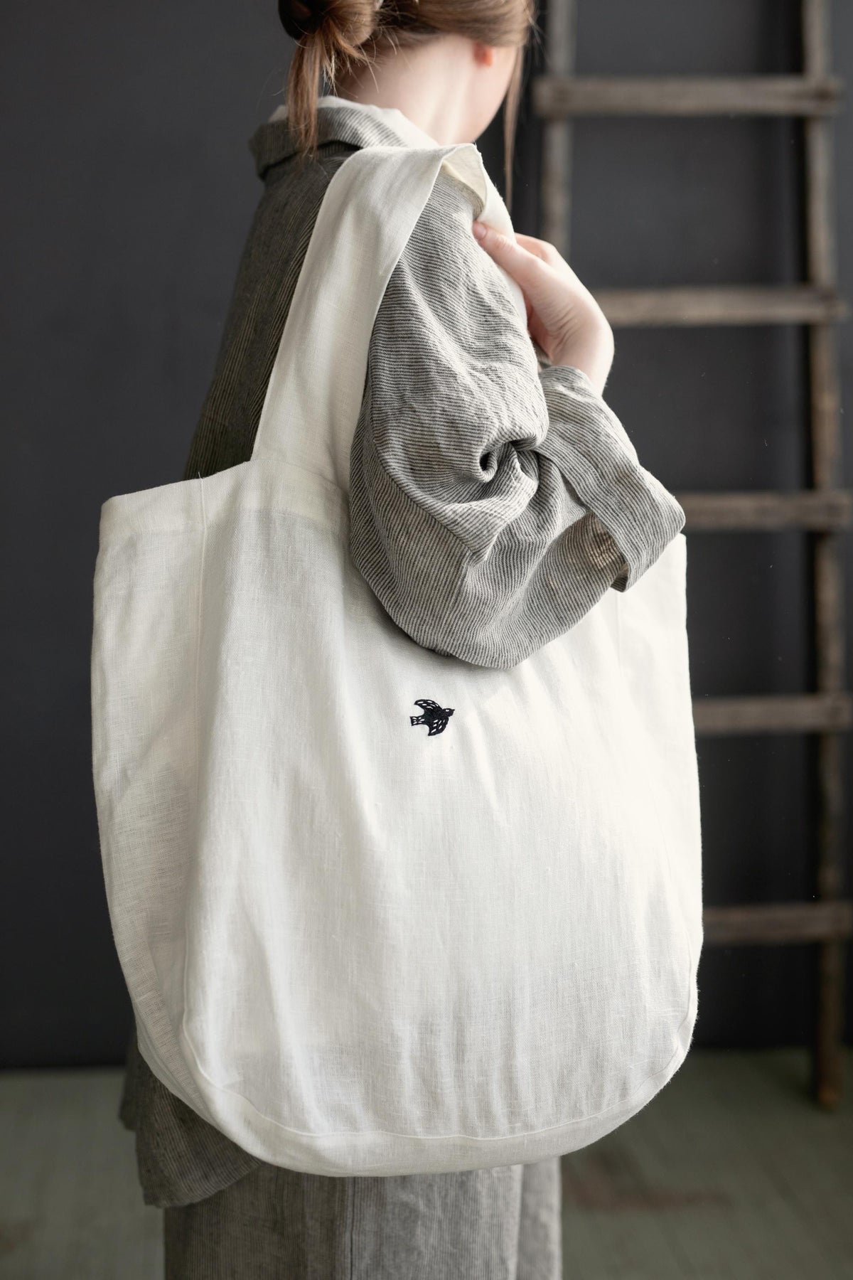 White Large Linen Round Bag