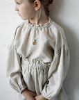 Cream Gingham Parachute Linen Tunic, 7-8 years, Teddy bear embroidery (STOCK)