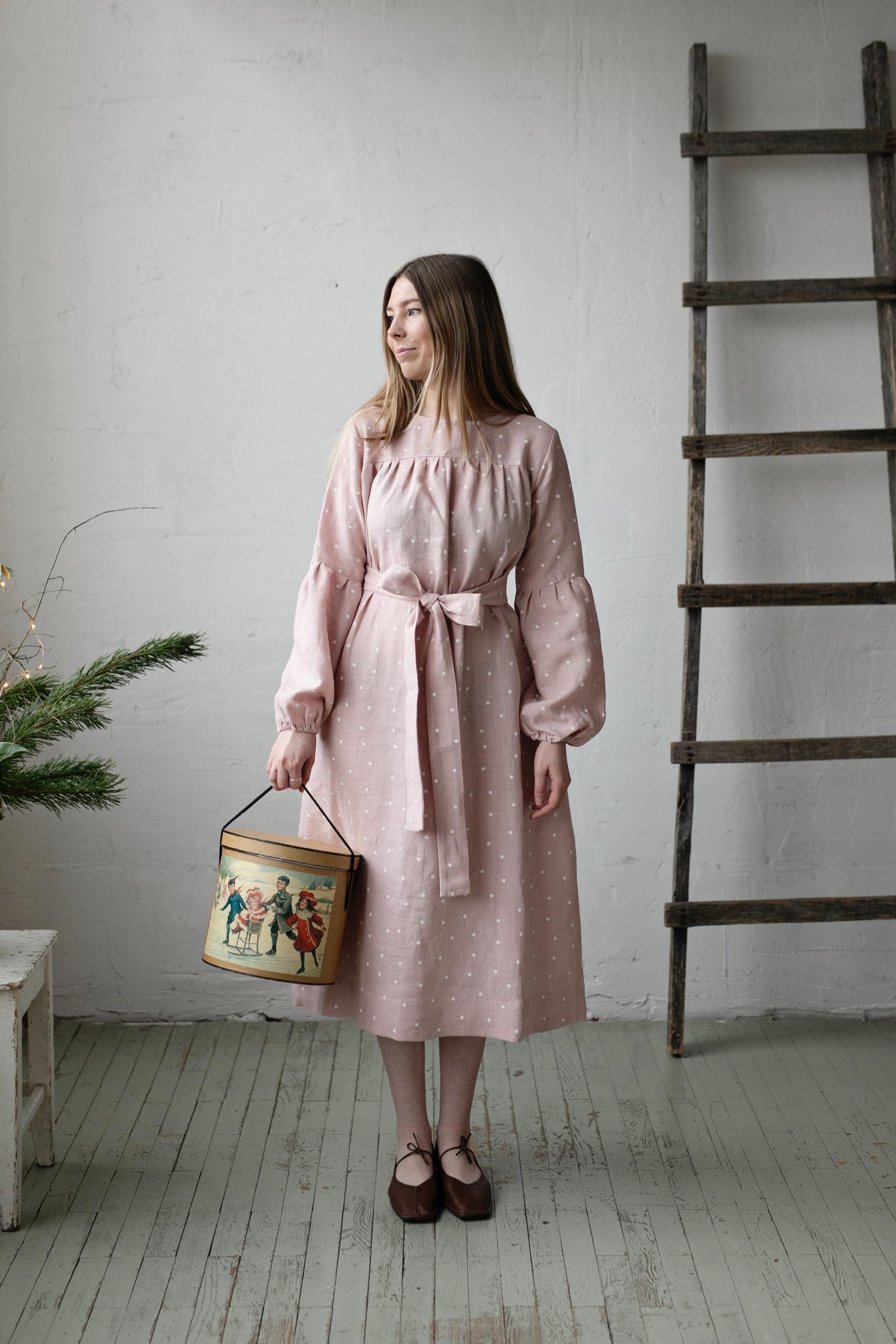 Pink Polka Dot Victorian Linen Dress, Size M (STOCK)