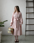 Pink Polka Dot Victorian Linen Dress, Size M (STOCK)