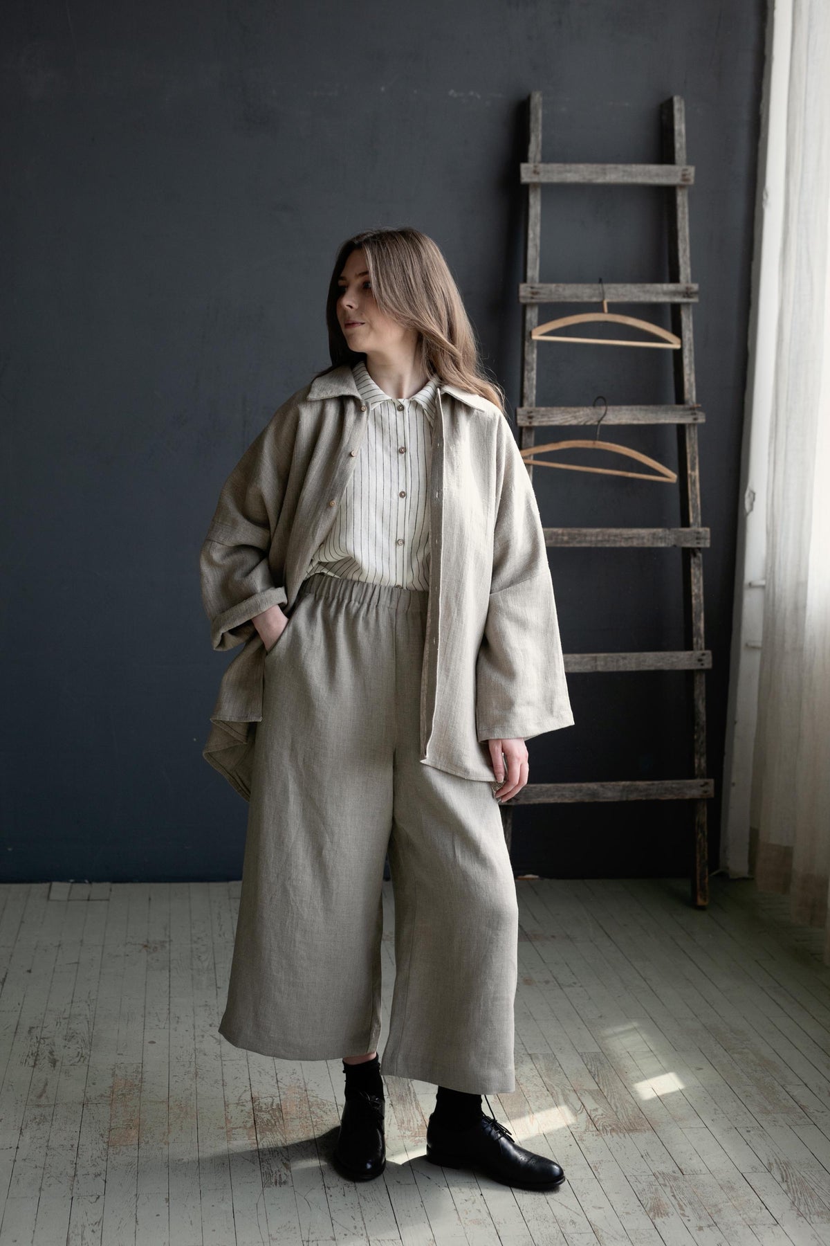 White Stripe 3/4 Linen Shirt