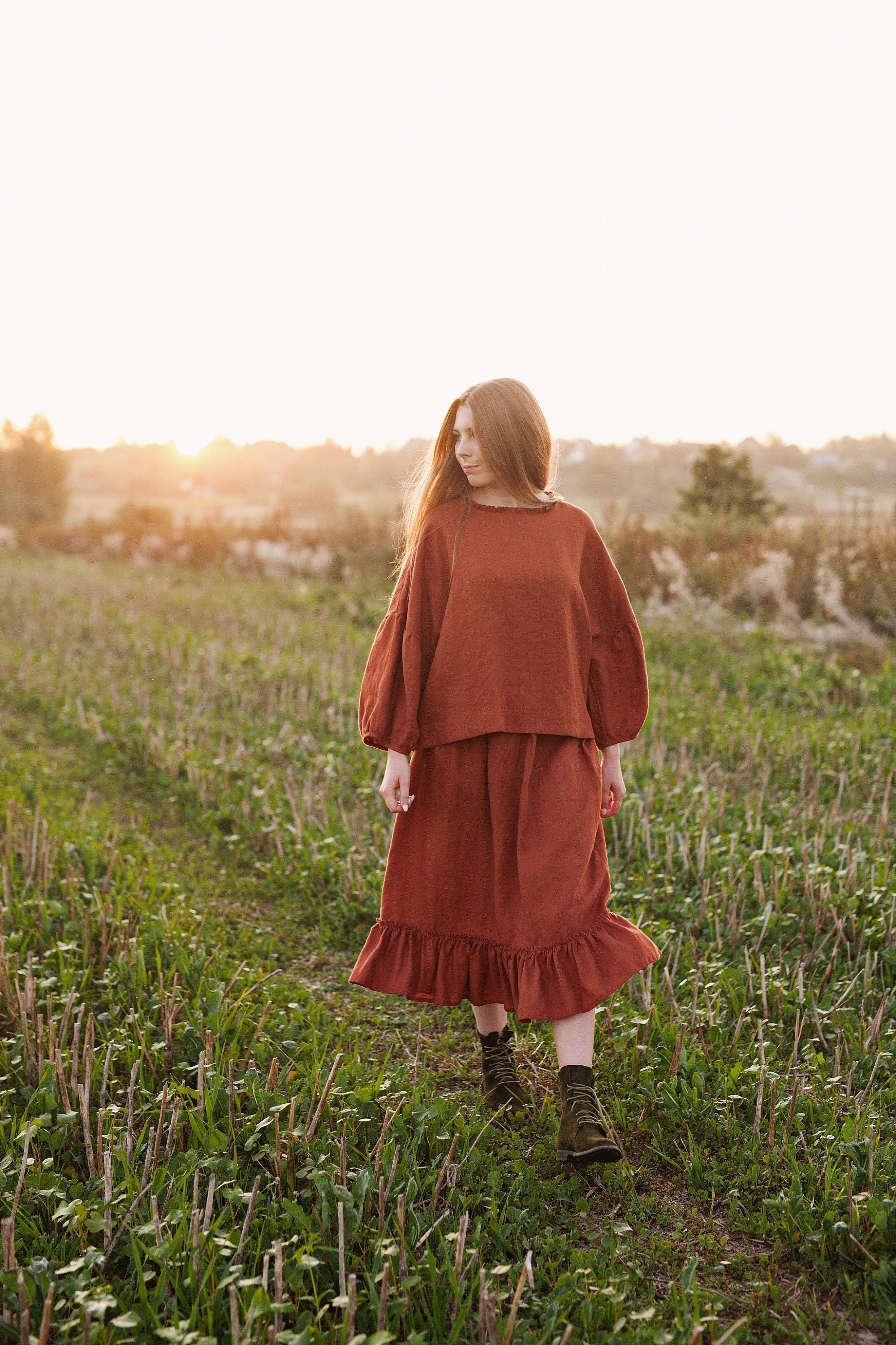 Rust Victorian Linen Skirt, Size XXL (STOCK)