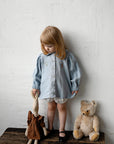 Baby Blue Linen Tunic Dress, 3-4 years, Wreath & spring rabbit embroidery (STOCK)