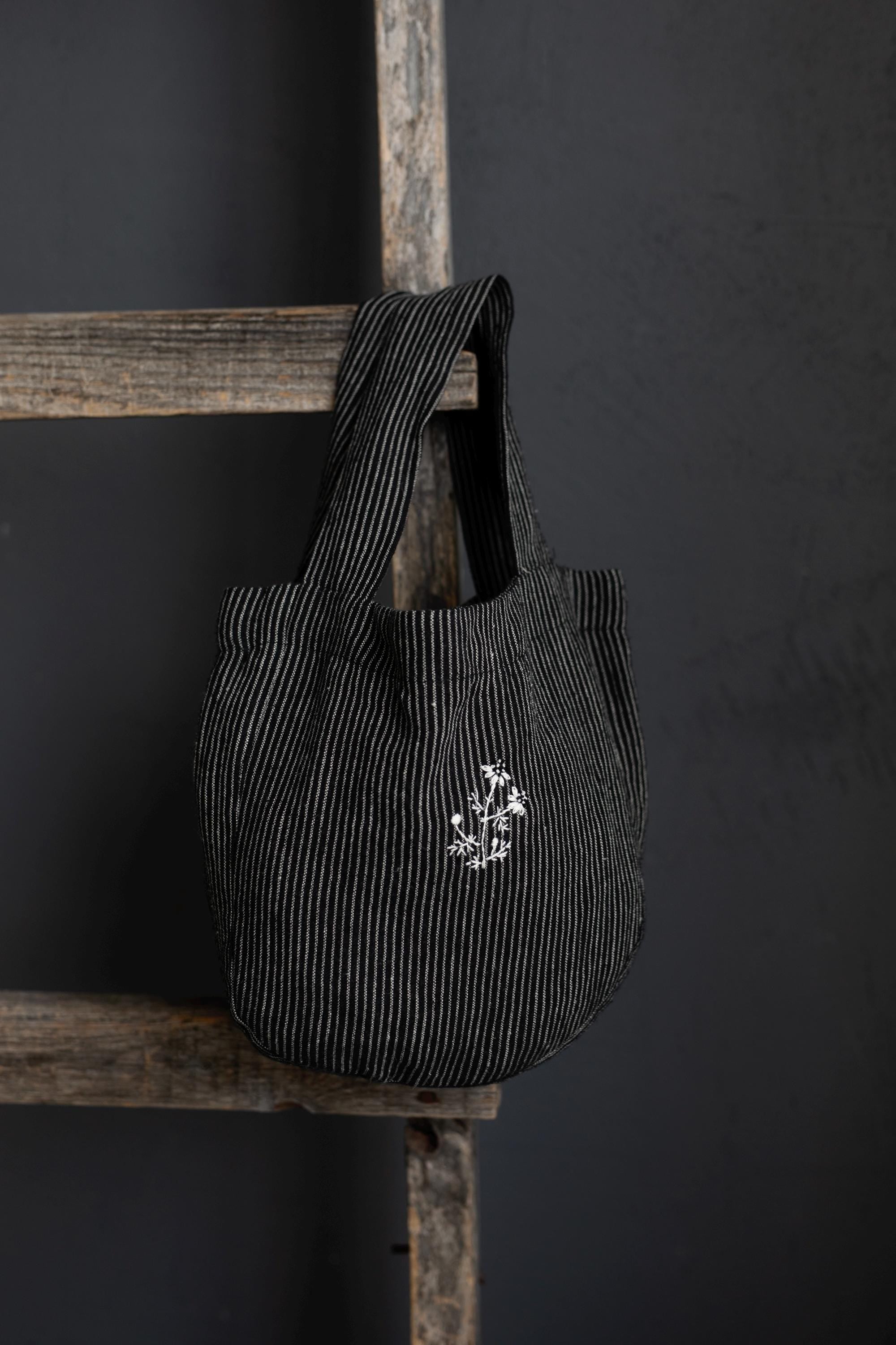 Midnight Stripe Mini Round Linen Bag