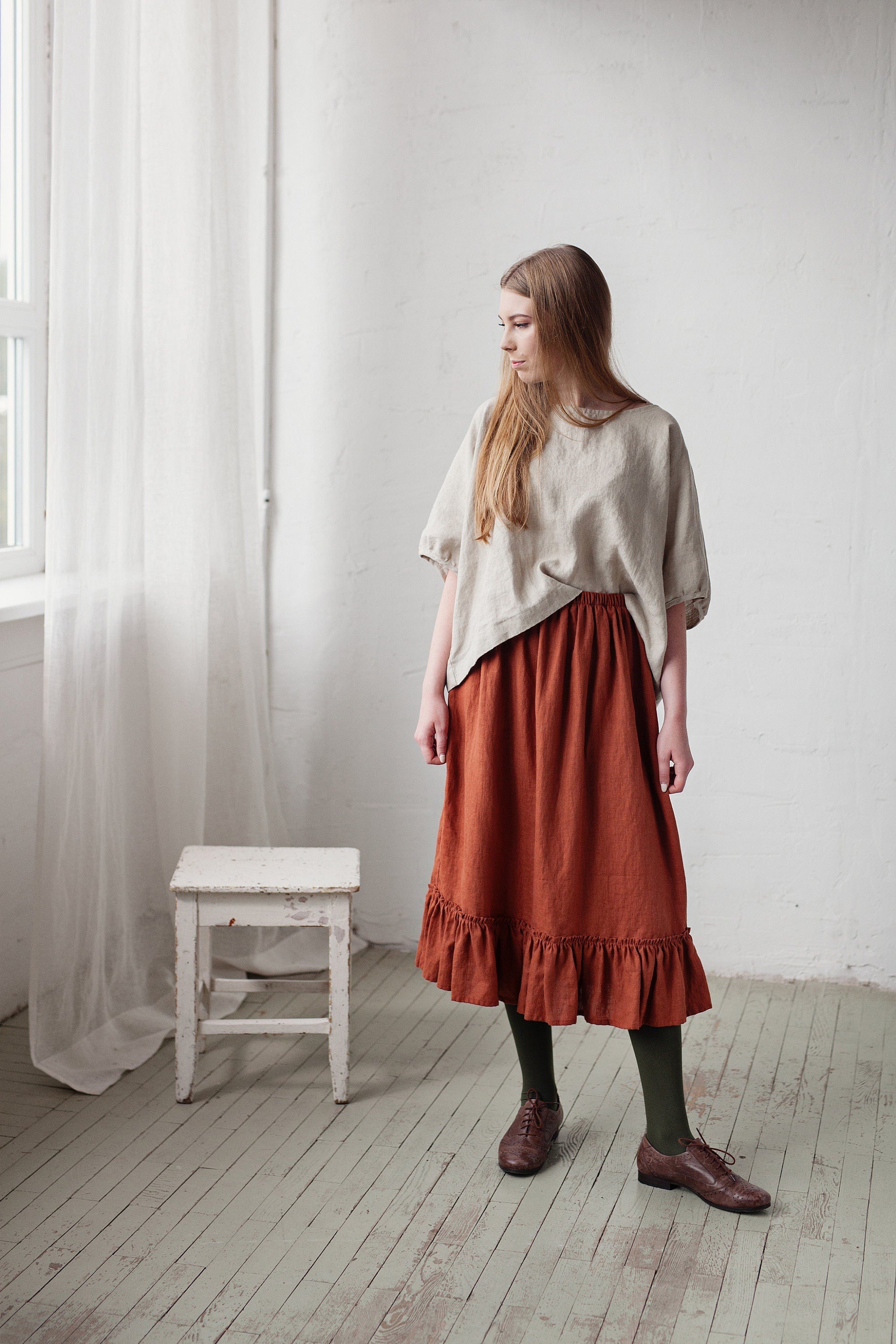 Rust Victorian Linen Skirt, Size XXL (STOCK)