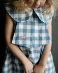 Aquamarine Mermaid Linen Dress, 3-4 years, Pig with wings & three mushrooms embroidery (STOCK)