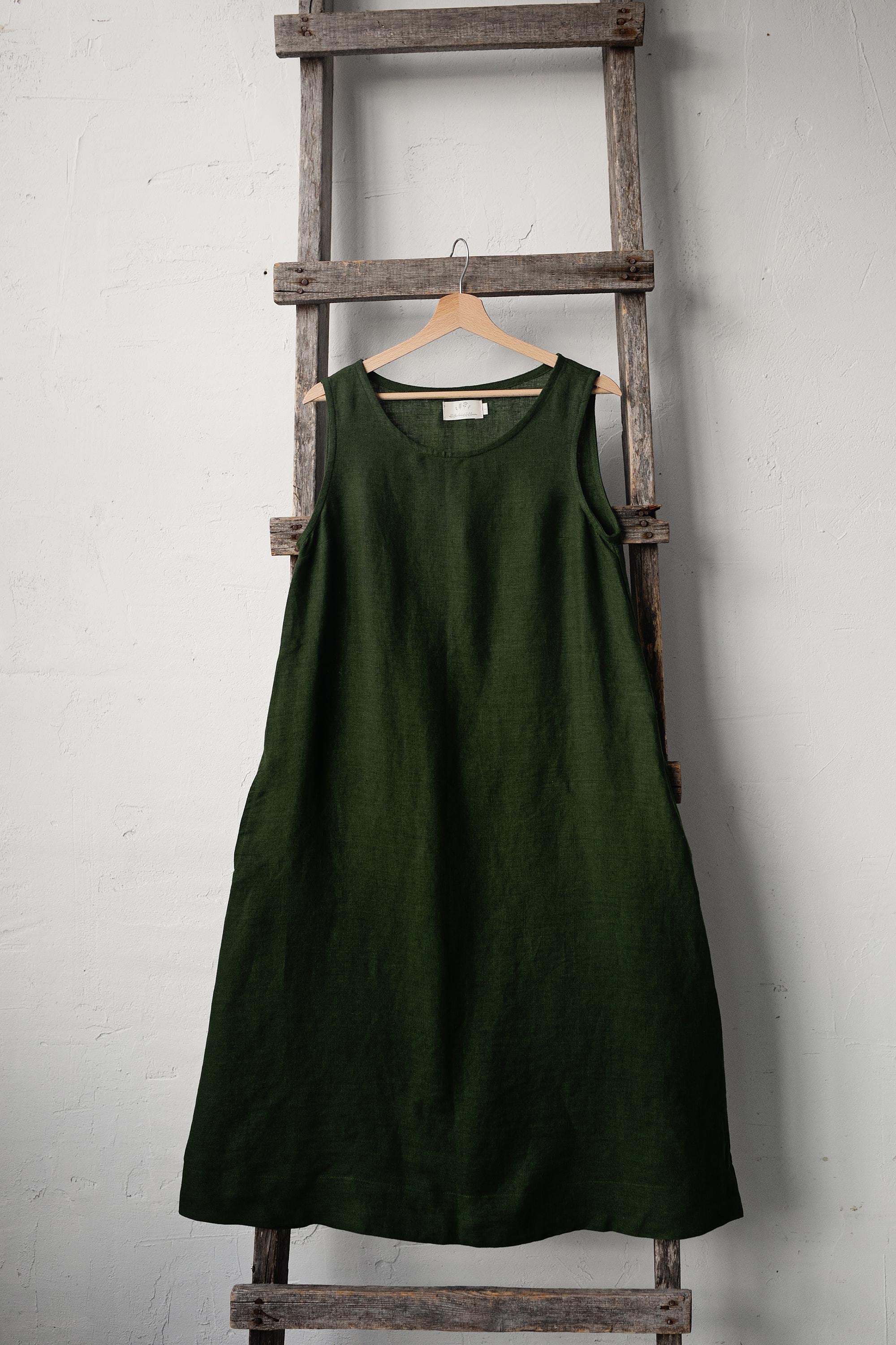 Forest Green Sleeveless Linen Dress, Sizes S &amp; XXL (STOCK)