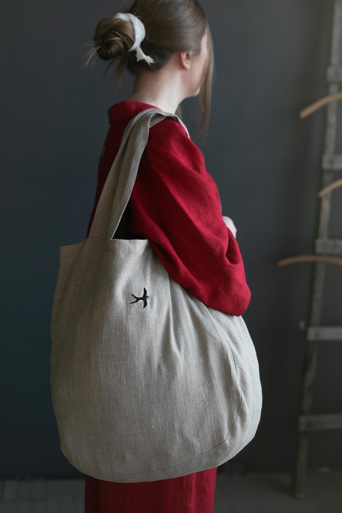 Natural Large Linen Round Bag