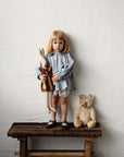 Baby Blue Linen Tunic Dress, 3-4 years, Wreath & spring rabbit embroidery (STOCK)