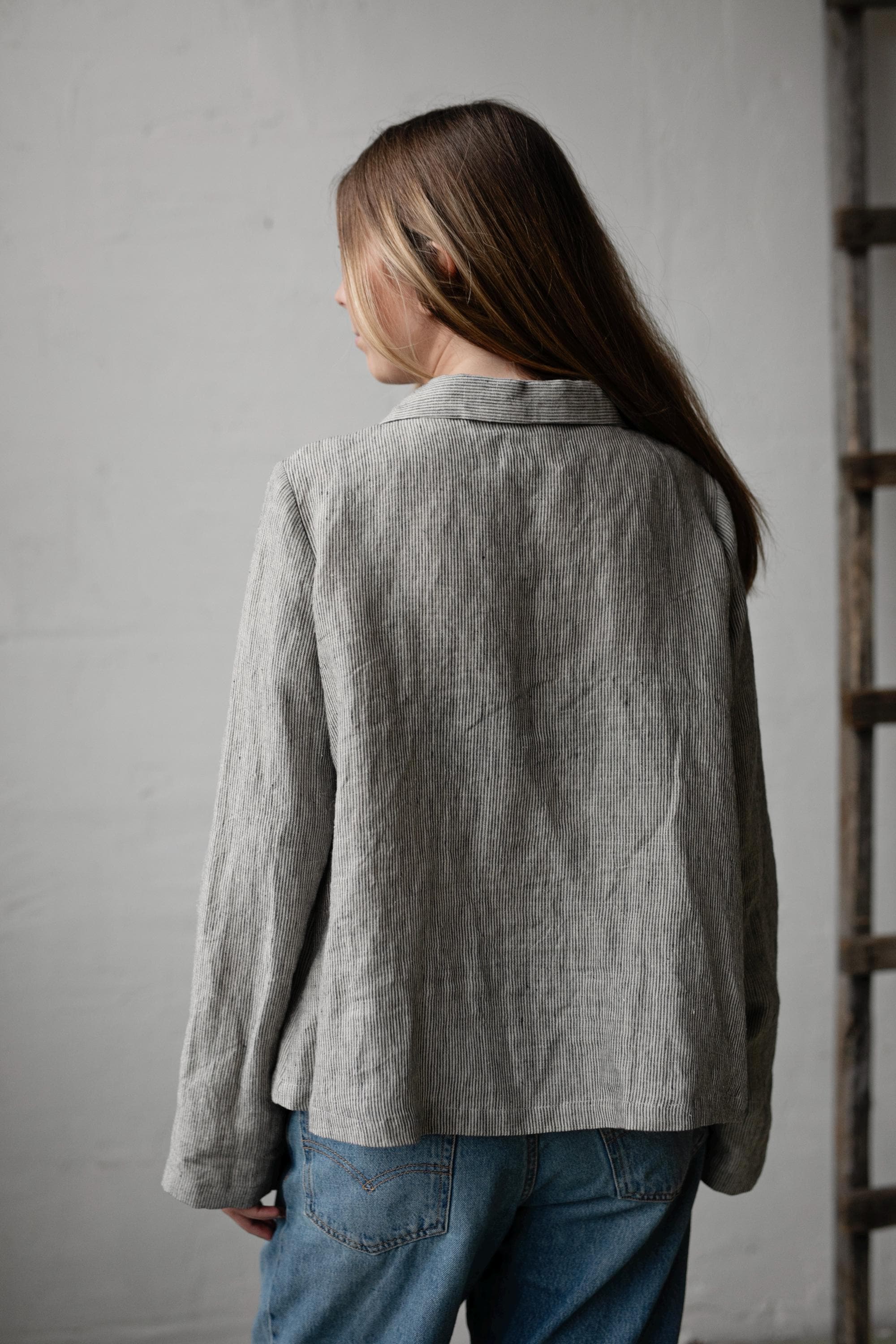 B&amp;W Stripe Festive Peter Pan Collar Linen Jacket