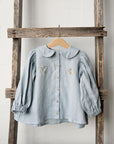 Baby Blue Linen Tunic Dress, 3-4 years, Wreath & spring rabbit embroidery (STOCK)
