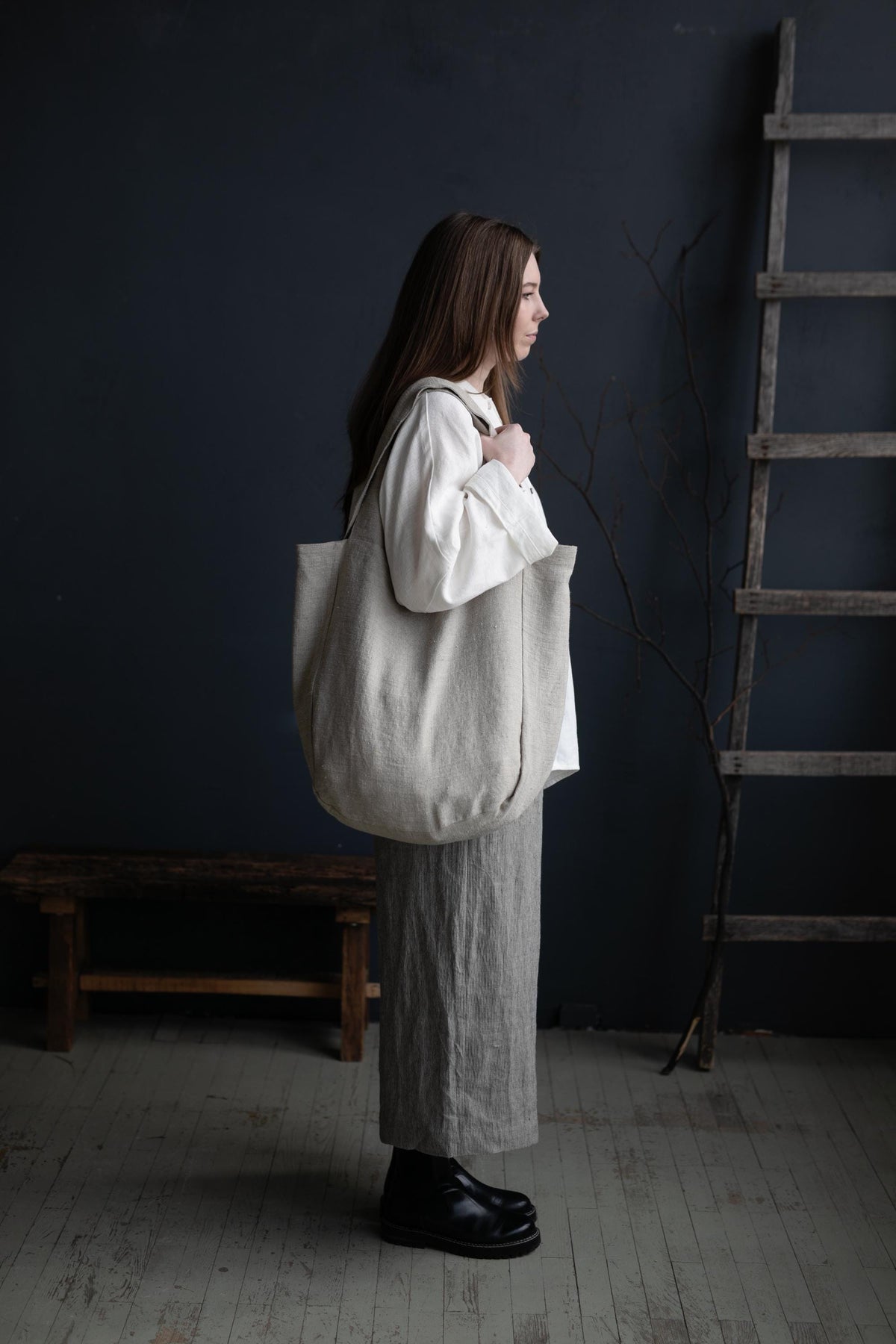 Natural Large Linen Round Bag