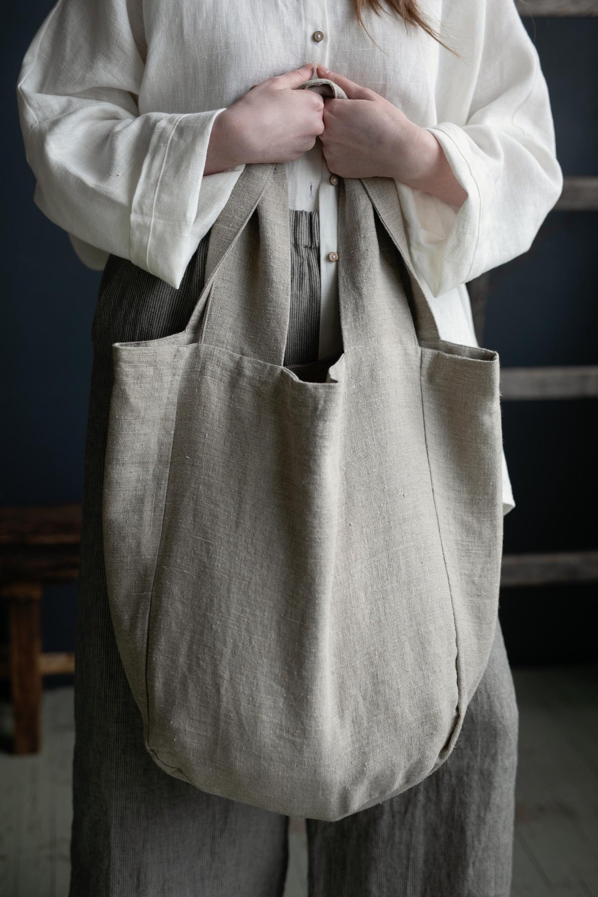 Natural Large Linen Round Bag