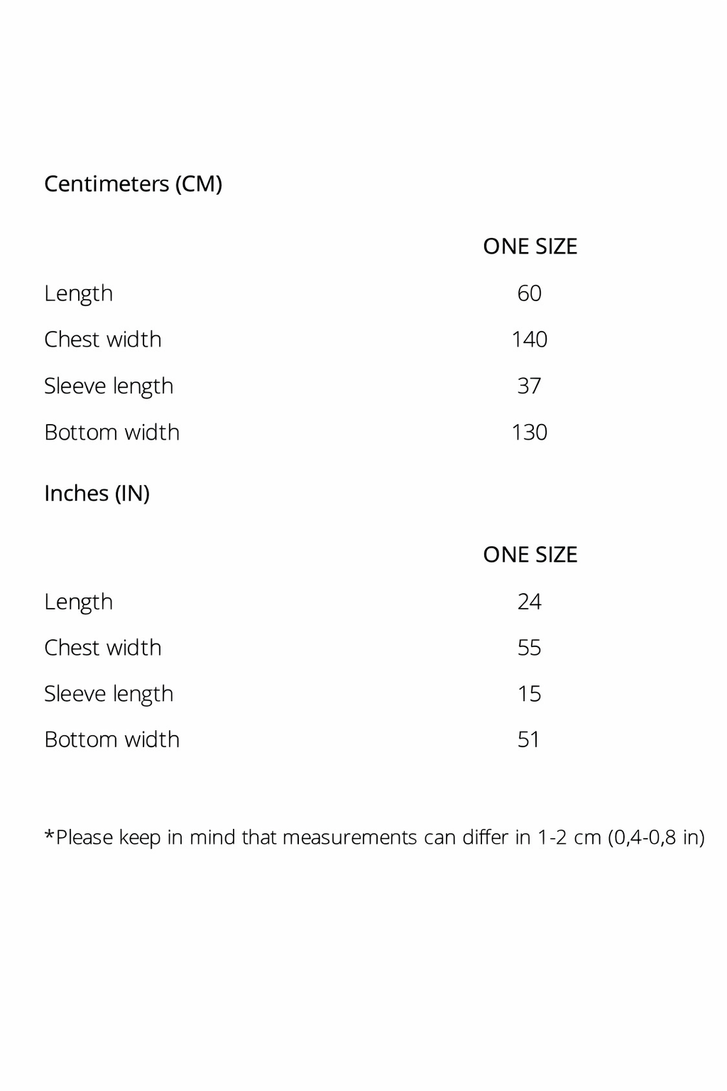 a person wearing a size 60, with measurements of chest width of 140, sleeve length of 37, and bottom width of 130.
