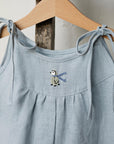 Baby Blue Linen Romper, 1-2 years, Penguin embroidery (STOCK)
