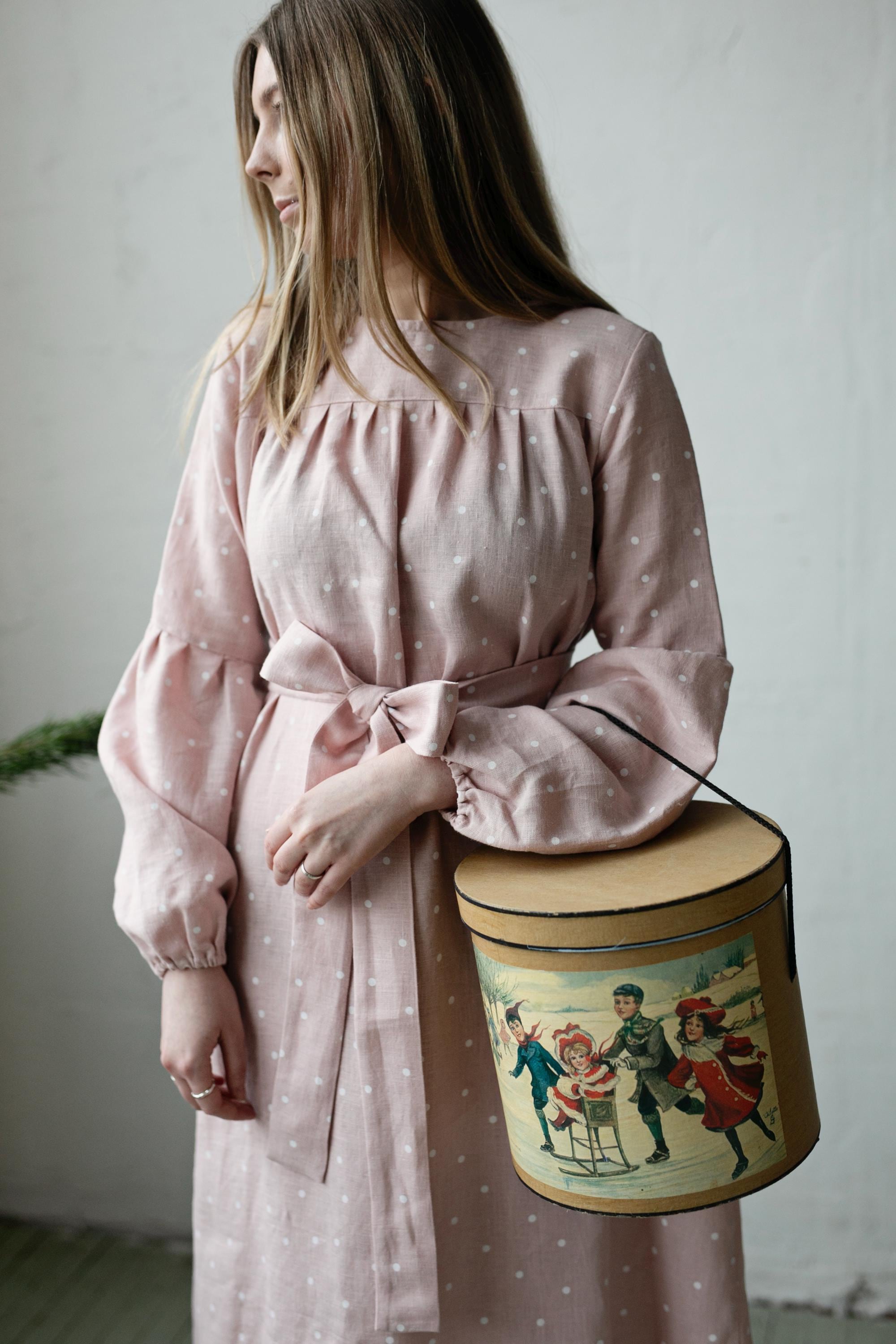 Pink Polka Dot Victorian Linen Dress, Size M (STOCK)