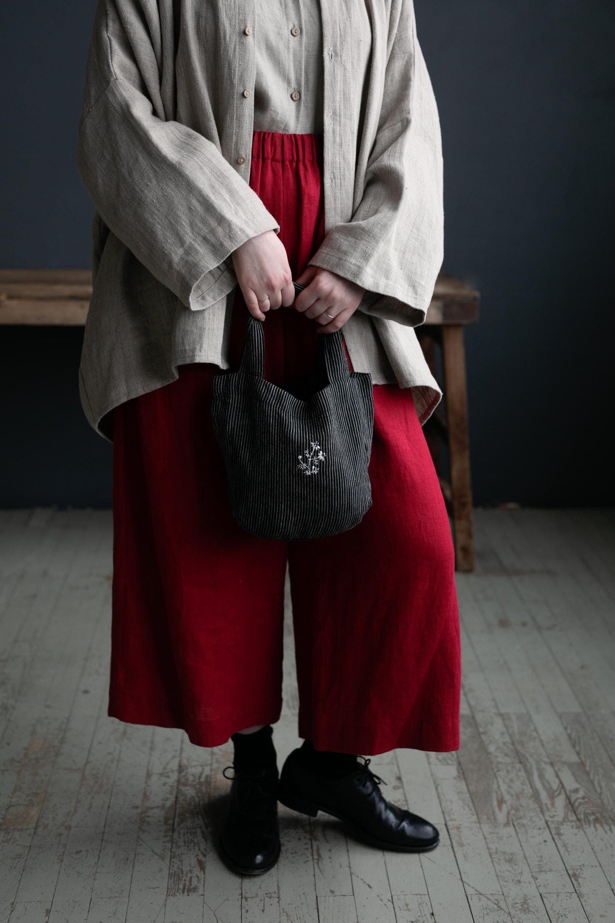 Midnight Stripe Mini Round Linen Bag
