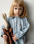 Baby Blue Linen Tunic Dress, 3-4 years, Wreath & spring rabbit embroidery (STOCK)