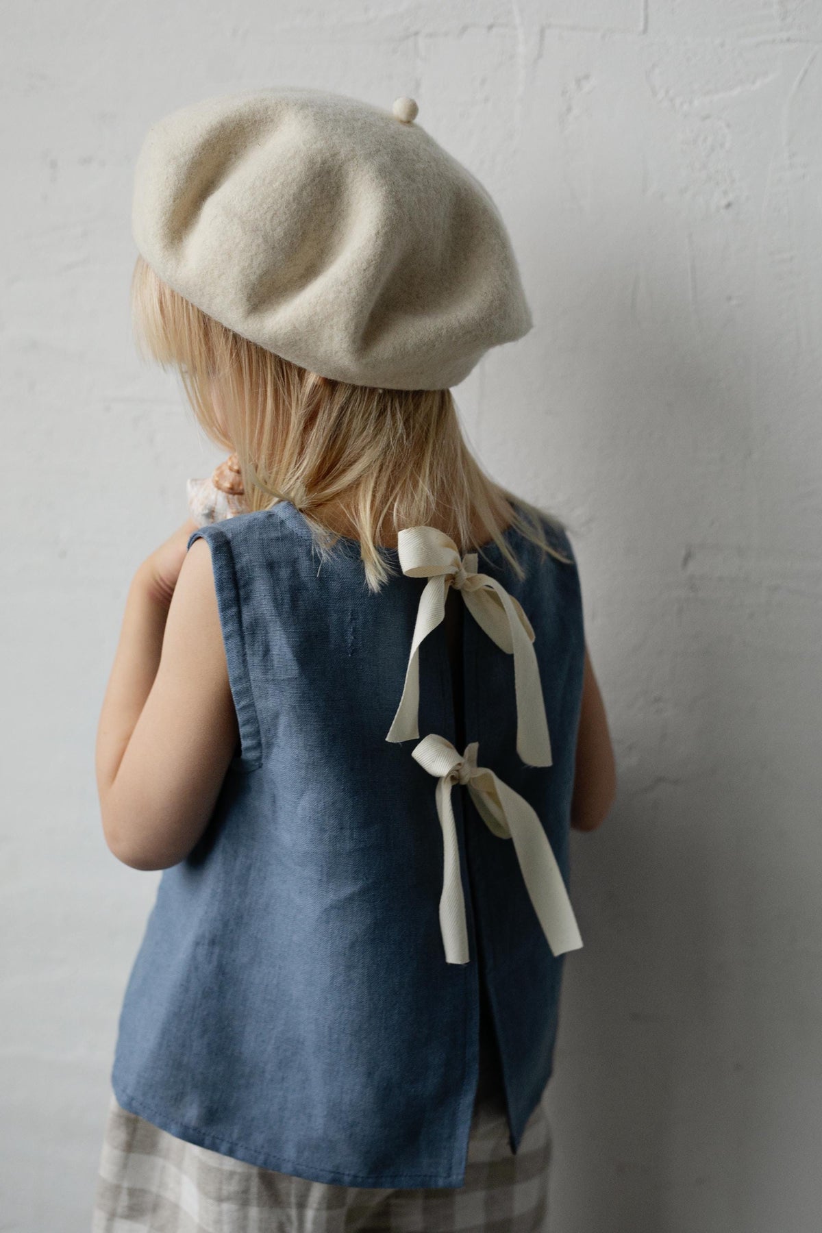 Dusty Blue Ribbon Linen Shirt, 3-4 years, Rabbit on mushrooms embroidery (STOCK)